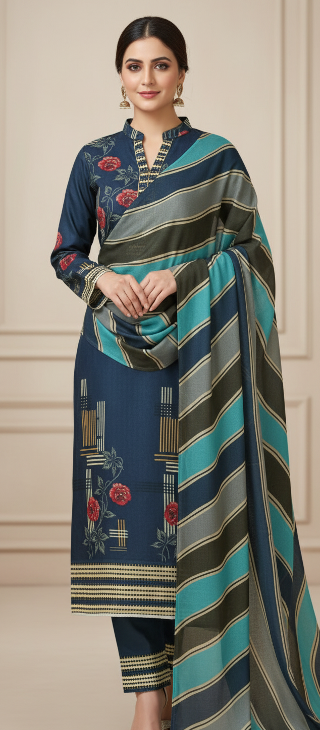Premium Pashmina Winter Suit Fabric with Printed Shawl – Teal
