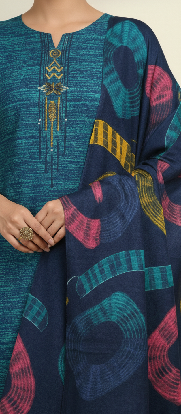 Premium Pashmina Winter Suit Fabric with Printed Shawl – Teal