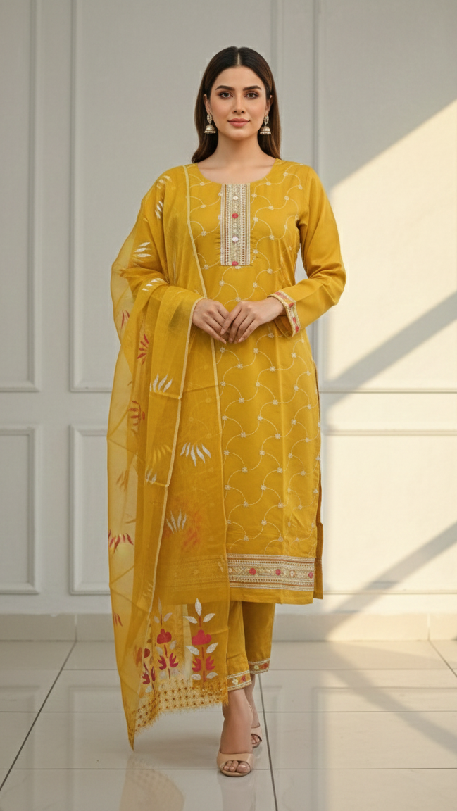 Embroidered Silk Suit with printed dupatta Set