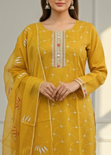 Embroidered Silk Suit with printed dupatta Set