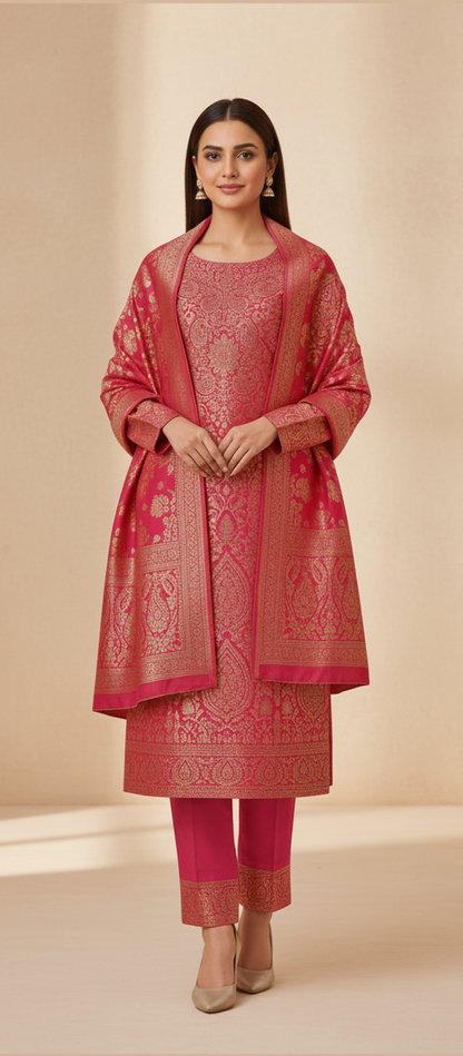 “Premium Winter Zari Suit Set With Shawl”