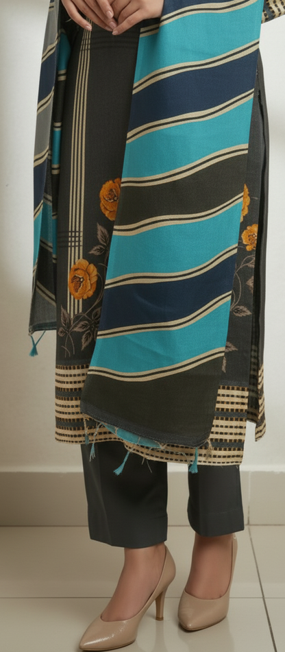 Premium Pashmina Winter Suit Fabric with Printed Shawl – Teal